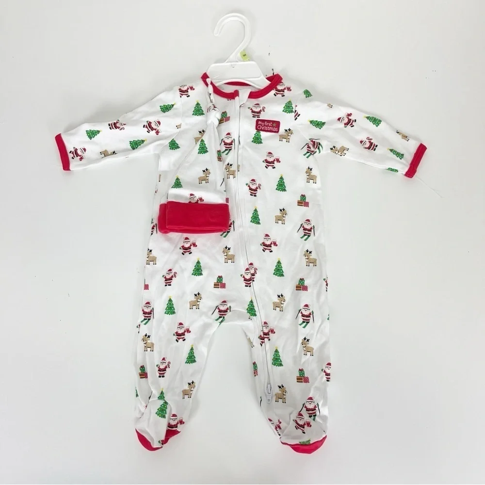 NEW Little Me Holiday Pajamas First Christmas with Hat Size 3M Santa Tree NWOT